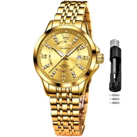 OLEVS Gold Watches for Women Luxury Diamond Stainless Steel Waterproof Small Ladies Wristwatch Analog Calendar Watches for Female Reloj para Mujer