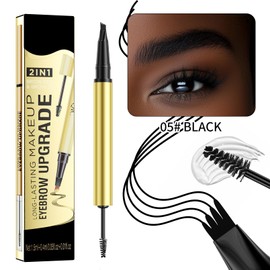 Weixinbuy 2-IN-1 Microblading Eyebrow Pen Long-lasting, Waterproof Eyebrow Pencil Dual-Ended with 4-Fork-Tip & Brow Brush & Clear Brow Gel, Fluffy & Defined Brows for Natural-Looking (2# Black)