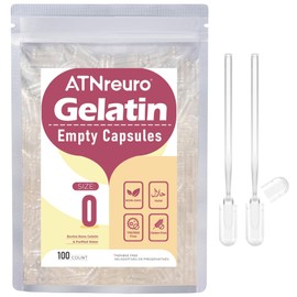 ATNreuro Gelatin Empty Capsules Size 0 (Pack of 100), Empty Capsules for Filling, Gelatin Capsules with 2 Micro Spoons, Transparent, Halal, Compatible with Capsule Filler Size 0