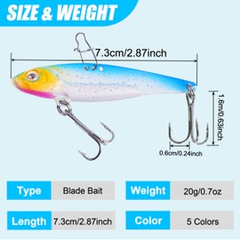 Blade Bait Fishing Spoon Lures, 5pcs Hard Metal Blade Baits VIB Lures for Bass Walleye Trout Spinner Spoon Blade Swimbait Freshwater Saltwater Fishing Tackle Lures