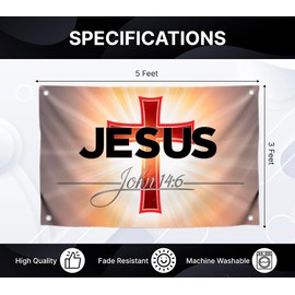 3x5 Feet Christian Polyester Flag "Jesus John 14:6" with 4 Brass Grommets - Khristian Jesus Easter Outdoor or Indoor Banner - House Yard Decoration Banners - Cross Flag for Wall Decor