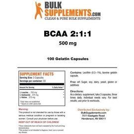 벌크서플리먼트 2:1:1 BCAA 필수 아미노산 100캡슐 Bulk Supplement 2:1:1 BCAA Essential Amino Acids 100 Capsules