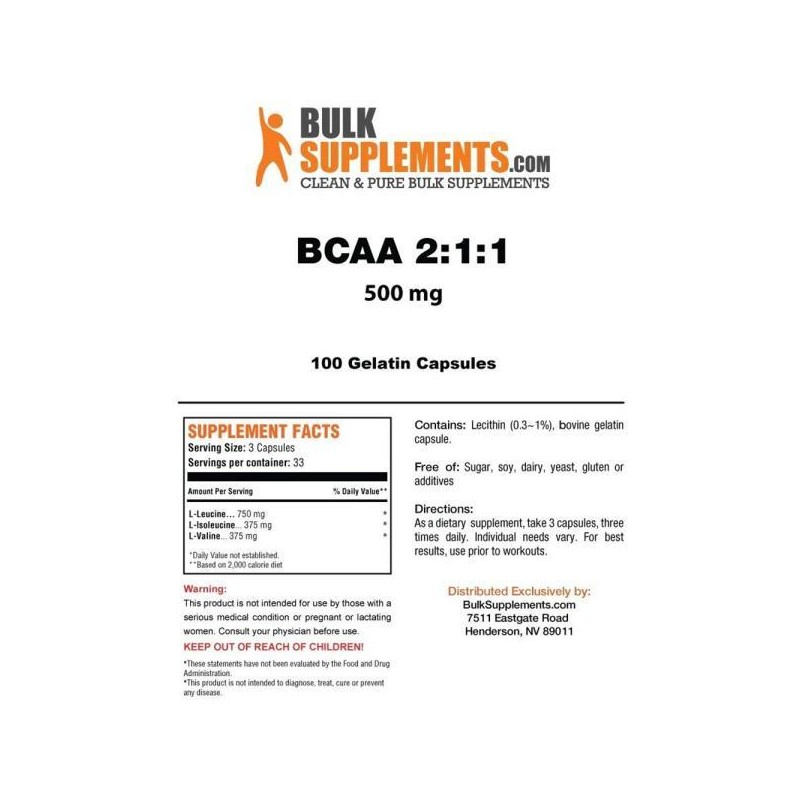 벌크서플리먼트 2:1:1 BCAA 필수 아미노산 100캡슐 Bulk Supplement 2:1:1 BCAA