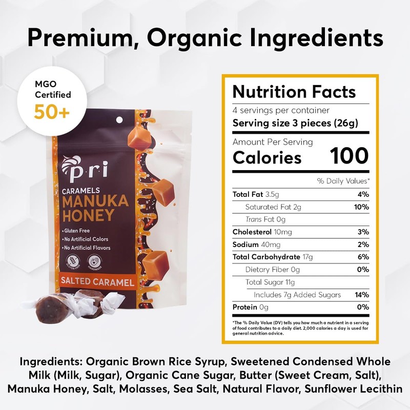 P.R.I Manuka Honey Salted Caramels, Sweet and Chewy All Natural