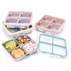 Stainless Steel Snack Containers, 4 Compartment Bento Snack Box with Lids, Reusable Food Storage Containers, Metal Snack Containers for Daycare, Work, Lunch, Picnic (4 Pack Blue+Pink+Yellow +Orange)