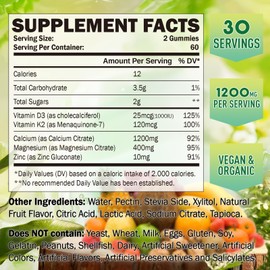 GREABBY Calcium Citrate Gummies 1200 mg for Kids & Adults, Sugar Free, with Vitamin D3, K2, Magnesium, Zinc, Bone Support for Women & Elders, Natural Pineapple Flavor, 120 Gummies