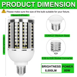2 Pack 800W Equivalent Led Corn Light Bulb, 8000 Lumen 5000K Daylight White 80W LED Corn Bulb, AC85-265V, E26/E39 Base LED Bulbs for Outdoor Indoor Warehouse Garage Basement Backyard Factory Barn
