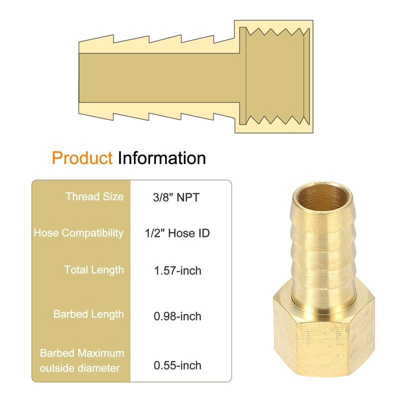 sourcing map Brass Barbed Fitting 3/8" NPT Female to 1/2"