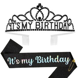 Araluky Birthday Crown Adult Woman & Glitter Its My Birthday Sash for Women Birthday Tiara for Women Birthday Hat Birthday Girl Crown Black Tiara for Women Parties Favors Birthday Decorations