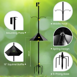 YINGYM Bird Feeder Pole, 79 Inch Heavy Duty Bird House Pole Mount Kit for Outdoors, Adjustable Feeding Stand, with 2-Hooks, Metal Squirrel Baffle and 5-Prong Base, Black