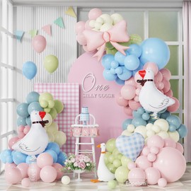 Goose Party Decorations 141pcs Macoron Pink Blue Dusty Green Balloons with Goose Pink Bow and Checked Heart Foil Balloons for Baby Shower Gender Reveal One Silly Birthday Party Supplies