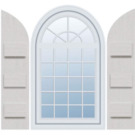 Ekena Millwork 10 3/4"W x 69"H, Rough Cedar (58" Low Side) Timberthane Faux Rustic Two Board Joined Board-n-Batten Faux Wood Shutters w/Quarter Round Arch Top, Rough Cedar (Per Pair)
