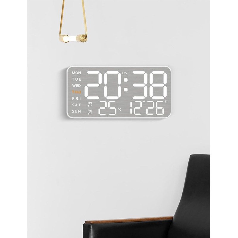 ThreeH Brushed Metal Digital Clock - LED Display Date Weekday