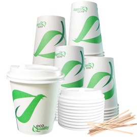 10 oz Compostable Paper Cups with White Dome Lids and Wooden Stirrers - Biodegradable Disposable White Paper Coffee Cups PLA Lined - Eco-friendly Hot and Cold Drinking Cups (100)