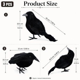 KTJEGE 3 Pack Artificial Feathered Halloween Crows,Black Realistic Raven