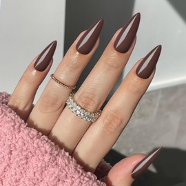 Bellelfin 120Pcs Stiletto Press on Nails, Brown Stiletto Fake Nails Glossy Long Acrylic Nails Press ons Solid Color Full Cover False Nails for Women Girls