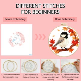 Zhenqing Black-Capped Chickadee Embroidery Kit for Beginners, Autumn Bird Needlework Craft with Pre-Printed Cotton Fabric, Hoop, Threads & Tools, Fall Decor (C0212)