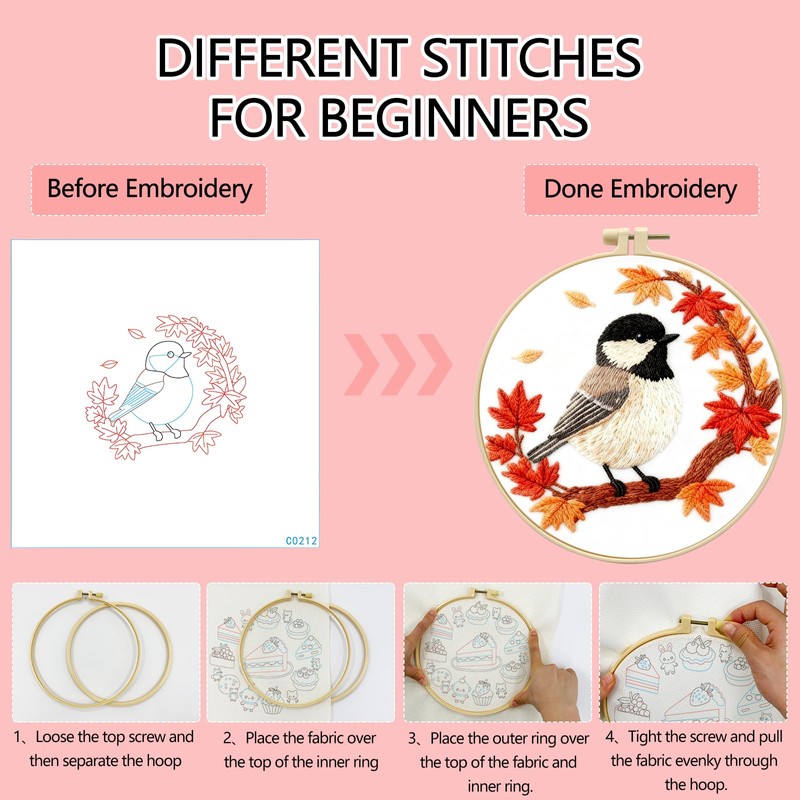 Zhenqing Black-Capped Chickadee Embroidery Kit for Beginners, Autumn Bird Needlework