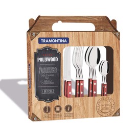 Tramontina 21199/705 Wooden Tableware, Polywood, Set of 24, Red, Dishwasher Safe, Durable, Lightweight, Natural Wood, Made in Brazil