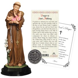 St Anthony of Padua Statue Figurine (5 Inch), Laminated Prayer Card, Saint Anthony Pocket Token, The Lord's Prayer Card | Total 4 Items in Set