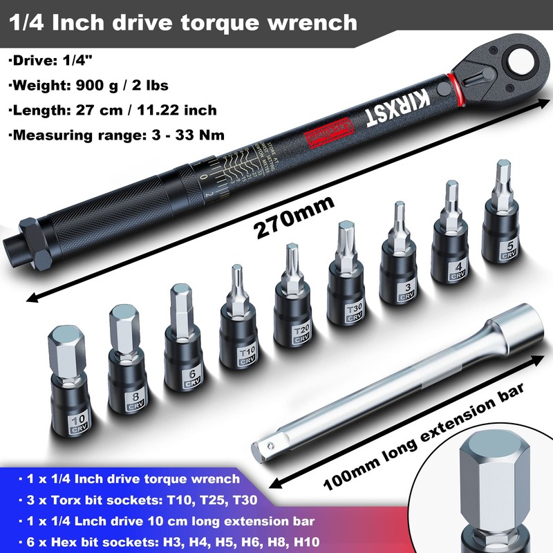 KIRXST 1/4 Inch Drive Click Torque Wrench Set 3-33 Nm