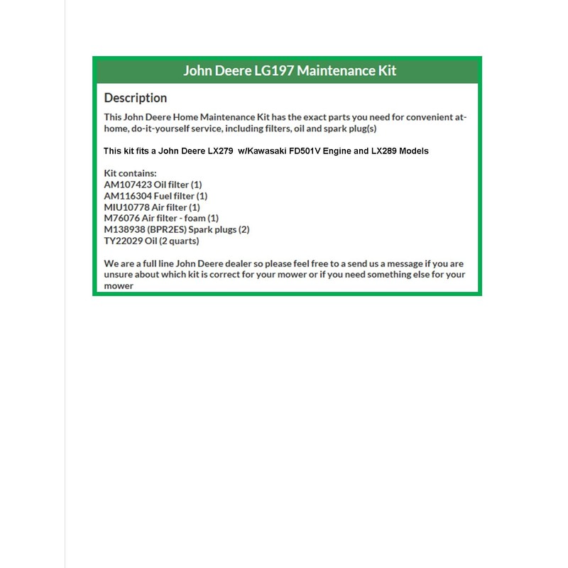 John Deere Maintenance Kit LX279 and LX289 Lawn Mowers Tractors