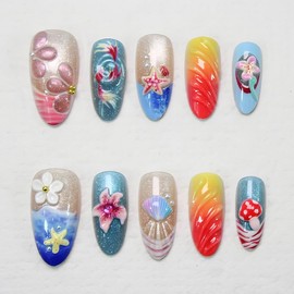 Summer Press on Nails Medium Almond Flower Fake Nails with Summer Beach Starfish Design French Tip Glue on Nail Goldfish False Nails Hibiscus Flower Artificial Stick on Nails for Women Girls 24Pcs