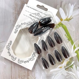 LOPMNGHT Black Coating Almond False Nails Solid Colors Press on Nails Medium Glossy Stick on Nails Simple Artificial Coffin Nails Acrylic Manicure Kit 24Pcs Glue on Nails for Women