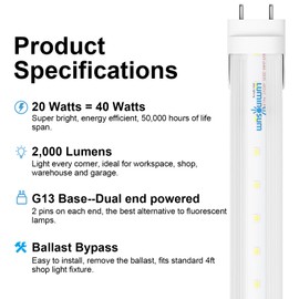 LUMINOSUM T8 LED Tube Light Bulbs 4 Foot 20W 40W Equivalent, 4000K Natural White 2000LM, T8 T10 T12 Fluorescent Replacement, Dual-end Powered Ballast Bypass, Clear Cover ETL Listed for Shop, 10-Pack