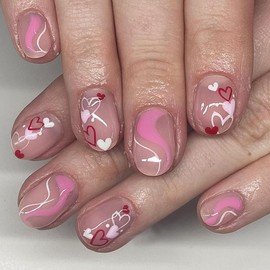 Short Press on Nails Square Fake Nails Cute False Nails with Pink Heart Design Glue on Nails Glossy Full Cover Stick on Nails Nude Acrylic Nails for Women Manicure 24Pcs