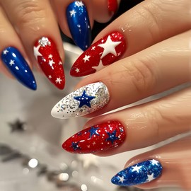 24Pcs 4th of July Press on Nails Medium Almond Independence Day Fake Nails with Silver Glitter Design Red Blue Star Glue on False Nail Red Blue Five-Pointed Star Artificial Stick on Nail for Women