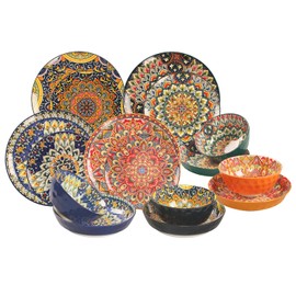 jinsongdafa Mandala Dinnerware Sets (16 PCS) Serves for 4, Porcelain Dishes Set, Microwave and Dishwasher Safe, Scratch Resistant, Bohemian Style Dining Ware Service for 4, Colorful No.1