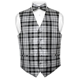 Men's Plaid Design Dress Vest & BOWTie Black Gray White BOW Tie Set Large