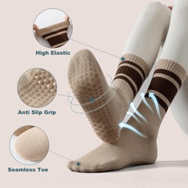 BISOUSOX Pilates Socken Damen Antirutsch Yoga Socken Rutschfest 4 Paare Stoppersocken für Yoga Fitness Weiß Braun Streifen Pilates Geschenke für Schwangere Frauen