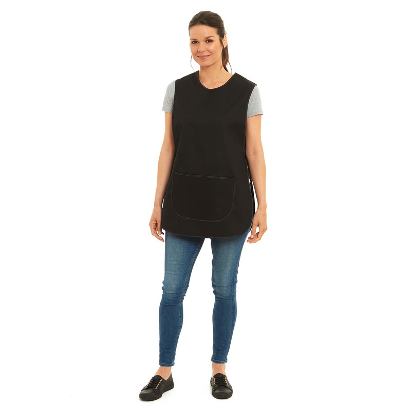 Ladies Plain With Matching Piping Tabard Apron Overalls Front Pocket