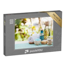 puzzleYOU: 100 Piece Spa and Wellness Massage Scenario: Still Life with Essential Oil, Salt and Stones