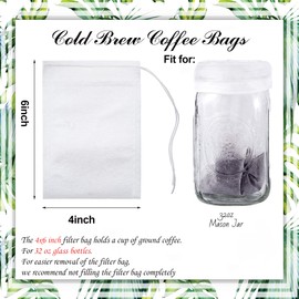 120PCS No Mess Cold Brew Bags, Cold Brew Coffee Filters 4”x 6” Disposable French Press Filter Bags Fine Mesh Brewing Bags with Drawstring for Iced Coffee Maker Hot Tea in Mason Jar or Pitcher