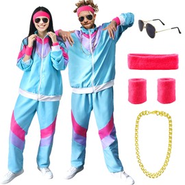 90s 80s Fancy Dress Men Women with Accessories, 80s Shell Suit 80s 90s Fancy Dress Costumes for Men Adult with Glasses Headband Wristbands, 80s 90s Outfits Fashion Retro Tracksuit for Carnival Party