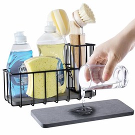 MyGift Modern Matte Black Metal Wire Sponge and Brush Holder Basket with Removable Drainage Tray – Kitchen Sink Caddy Organizer