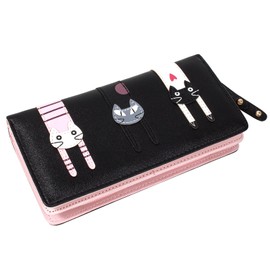 KOTORA Cute Wallet for Women Girls Long Bifold Clutch Bag Mini Cat Embroidery Zip Around Card Holder Coin Purse (Black)
