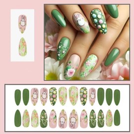 Ztcily Künstliche Nägel, Mandel, mittelgroß, Rosa und Grün, künstliche Nägel, French Manicure, Hase, Blume und bunte Eier, künstliche Nägel für Ostern
