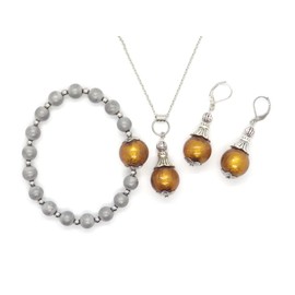 Schmuckset Ohrringe, Halskette und Armband aus Edelstahl, Hämatit und goldfarbenen Muranoglasperlen