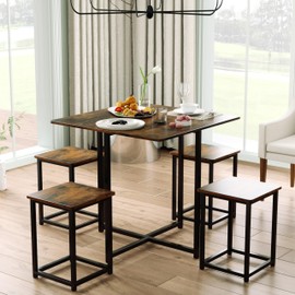IFANNY Dining Table Set for 4, Square Kitchen Table w/ 4 Stools, 5 Piece Dinner Table Set w/Metal Frame, Dining Set for Small Spaces, Small Table & Chairs for Home, Bistro, Restaurant (Rustic Brown)