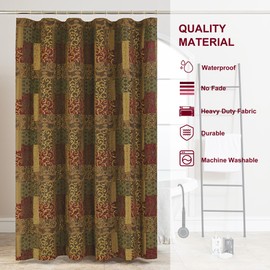 Loom and Mill Damask Fabric Shower Curtain Set, Patchwork Bathroom Shower Curtain Sets with 12 Metal Hooks, Waterproof Heavy Duty Bathroom Curtains for Home Decor Wall Divider 72" W x 72" L, Red&Gold