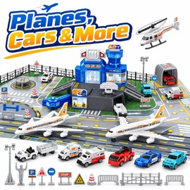 Airplane Toy Set with Helicopter, Trucks & Airport Playmat – Interactive Airport Pretend Play Set for Kids