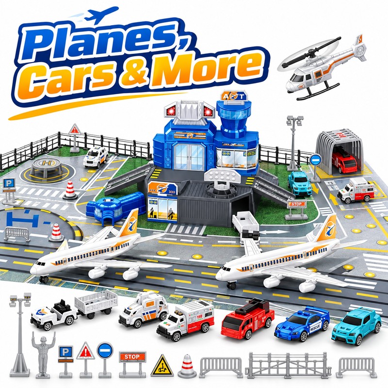 Airplane Toy Set with Helicopter, Trucks & Airport Playmat –