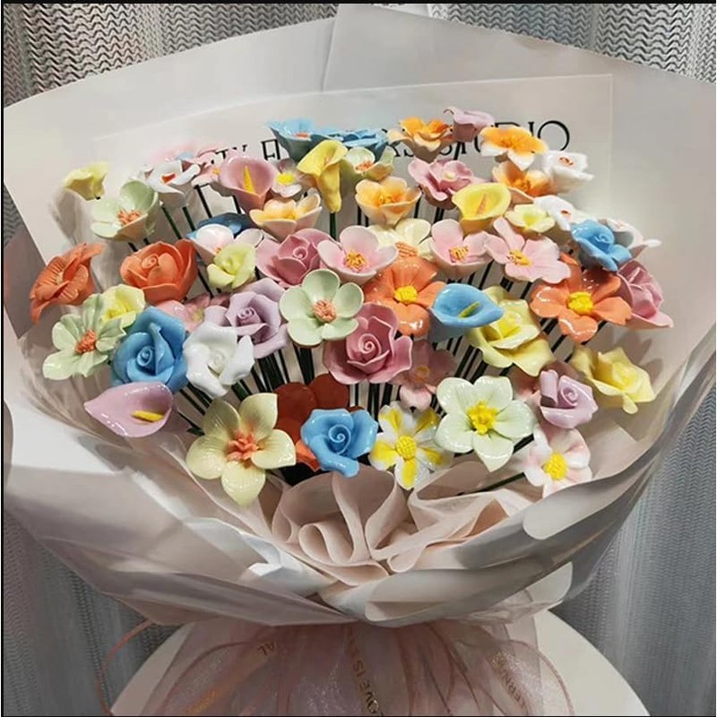10 PCS 3D Flower Ceramic Tiles,1.6" Handmade Procelain Ceramic Flowers