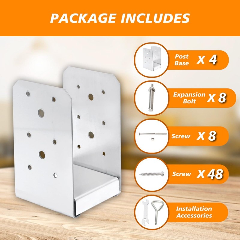 4"x4" Post Base Bracket (Internal 3.5"x3.5")，4 Pcs Stainless Steel Adjustable