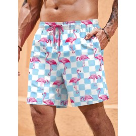 ERECT PEAK Mens Novelty Swim Shorts Spring Soft Board Shorts Vacation Dry Fit Pockets 6 Inch Inseam Graphic 5'' UPF 50+ Compression Liner Bathing Side Split Moisture Wicking Trunk Flamingo XL