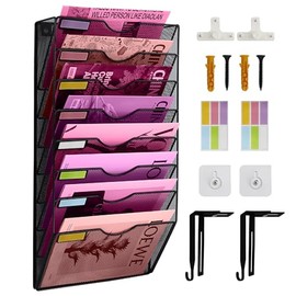 Organizador de archivos de pared de malla con 8 bolsillos, organizador de archivos para colgar en la oficina, revistero, juego de ganchos para etiquet
